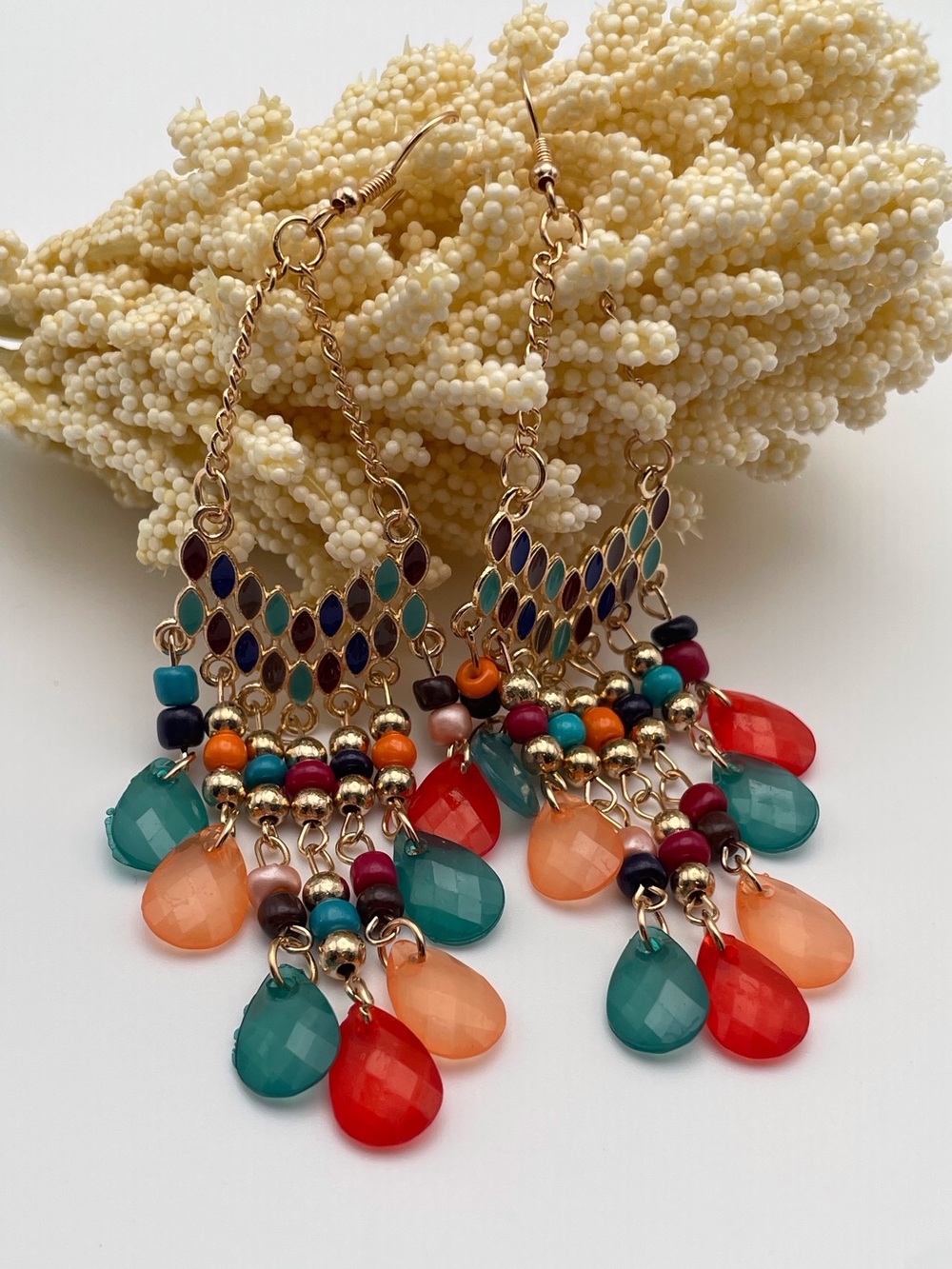 Multicolored Water Drop Beaded Dangling Earrings - Picture 2 of 13